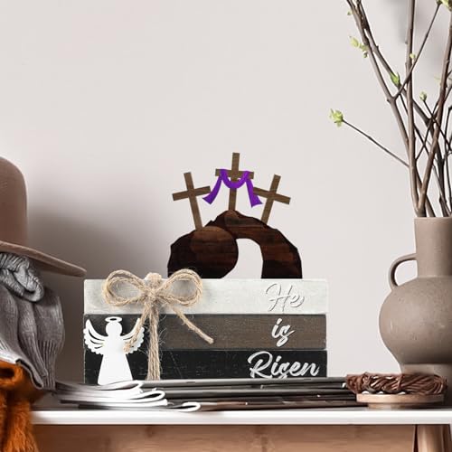 Spiareal 4 Pcs Easter Tiered Tray Decor He is Risen Wooden Sign Easter Religious Cross Christian Spring Table Centerpiece Decorative Stack Faux Book Block for Table Fireplace Mantel Floating Shelf - size: He is Risen