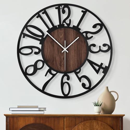 Maxstar Large Round Wall Clock for Living Room Decor Battery Operated Non Ticking Black Metal Wood Clocks for Home Living Room Garden Farmhouse Office Kitchen Decoration -24 inch - color: Black-arabic Numerals, size: 24 Inch