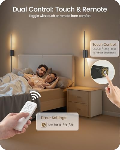 34.6" Wireless Battery Operated Wall Sconces Set of Two,Rechargeable Lamp with Remote, 360° Rotation, 10000mAh Battery, Touch Dimmable Lights for Living Room Hallway Bedroom, Black B05YBP205 - color: Black, size: 34.6 Inches