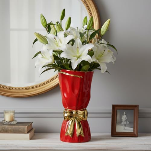 Red Ceramic Vase for Flower, 11 Inch, Bow - color: Red, size: 11 inch
