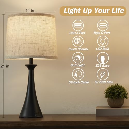 Touch Table Lamps Set of 2, 21" Bedside Lamps with USB C+A, Black - color: Black 2pcs