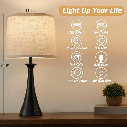 Touch Table Lamps Set of 2, 21" Bedside Lamps with USB C+A, Black - color: Black 2pcs