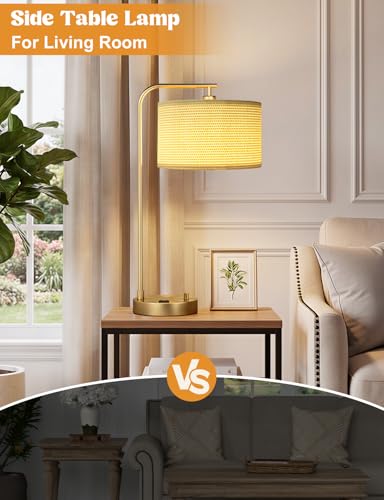 20.7" Gold Table Lamp with USB & Outlet, Fully Dimmable Nightstand Lamp - color: I-Weaving Shade & Gold Base
