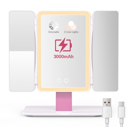 EASEHOLD Foldable Travel Tri fold Lighted Makeup Vanity Mirror with Lights - color: White-3000 Mah Rechargeable Trifold Foldable