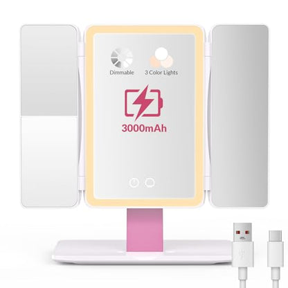 EASEHOLD Foldable Travel Tri fold Lighted Makeup Vanity Mirror with Lights - color: White-3000 Mah Rechargeable Trifold Foldable