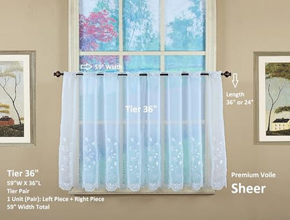 Today's Curtain, Samantha Embroidered Sheer Tier 36", White, 59" W x 36" L - color: White, size: 59"W x 36"L (Pack of 1)