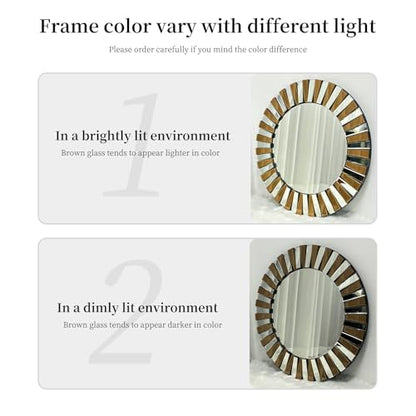 Decorative Round Mirror Sunburst: Silver-Brown Crystal Edge 23.6 in - size: 23.6"L x 23.6"W