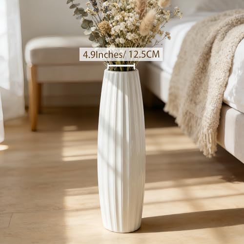 White Tall Ceramic Floor Vase, 28 Inch, Ribbed Drum Design - color: Vertical Stripes, size: Height-28 Inch