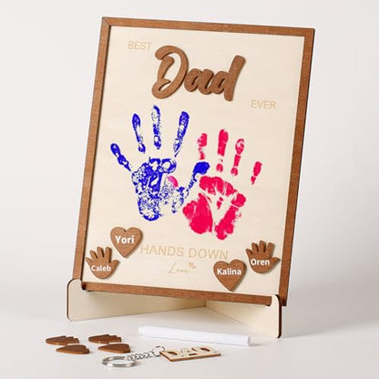 10" Best Dad Ever Hands Down DIY Frame Hand Print Kits, Personalized Father Day Craft for Dad from Kids, Family Handprint Keepsake for Daddy, Papa from Son Daughter - color: Brown