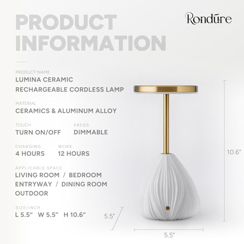 RONDURE Ceramic Cordless Rechargeable Touch Dimmable Table Lamp