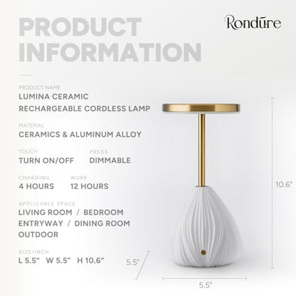 RONDURE Ceramic Cordless Rechargeable Touch Dimmable Table Lamp
