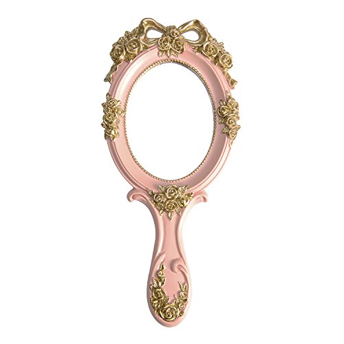 Vintage Princess Hand Held Mirror - Antique Handle Makeup Mirrors, Pink - color: Pink