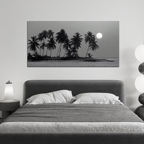 Black Coastal Wall Art Ocean Landscape Tropical Palm Tree Artwork 24"x48" - size: 24"L x 48"W