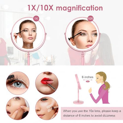 DEIOVWXS Makeup Mirror, Rechargeable Vanity Mirror with 3 Lights, 1X/10X - color: Pink
