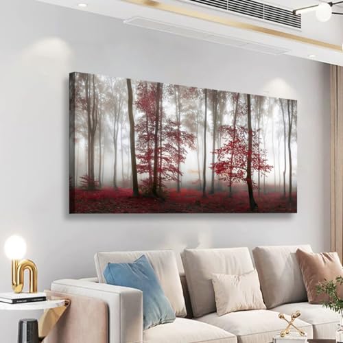 Misty Forest Pictures Canvas Wall Art for Living room Office Bedroom Wall Decor,Forest Wall Art Print Paintings Modern Nature Red Tree Artwork Waterproof Ready to Hang-20x40inch - color: Misty Red Forest, size: 40"L x 20"W