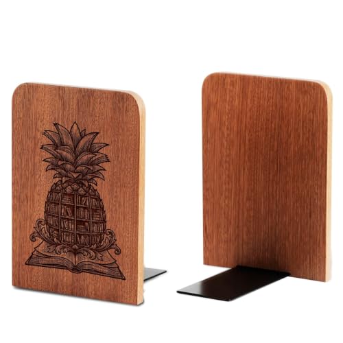 INNObeta Decorative Wooden Book Ends, Plant Bookends, Heavy Duty Bookends for Shelves Unique Design(1 Pair, 4.72x6.69 Inches) - PineappleShelf - color: Pineappleshelf