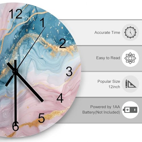 Marble Wall Clock 12 Inch Silent Non Ticking Clock Wooden, Modern Luxury Foil Texture Pink Blue Gold Marble Wall Clock Battery Operated Kitchen Bedroom Living Room Decor - color: Marble-9