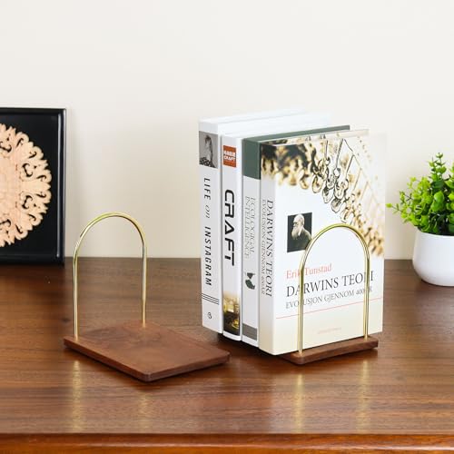 Buqoo Book Ends for Shelves, Handmade Walnut Wood Bookends with Metal - color: Walnut Brown