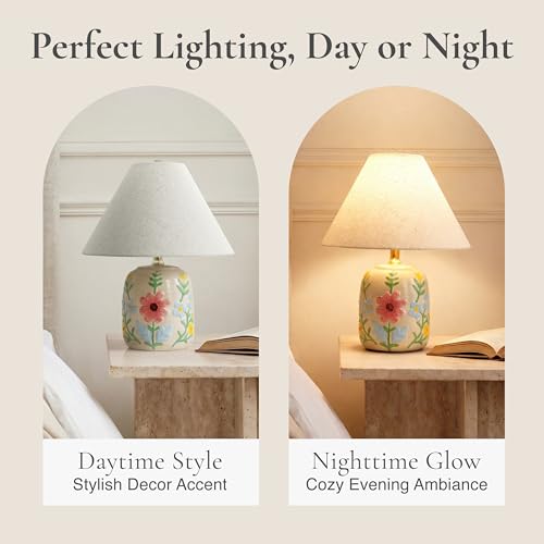 Abani Rosalie Floral 19” Table Lamp – Cream Ceramic Base with Wheat Linen Cylinder Shade, E26 2-Way Bulb Included – Elegant Bedside Lamp for Bedroom, Living Room, Entryway or Nightstand