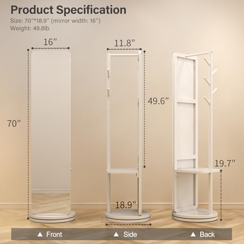AnywaysWood 70"x19"Full Length Mirror with Stand,Coat Rack with Mirror,Solid Wood Floor Mirror,Swivel Mirrorfor Bedroom, Living Room, Cloakroom - color: White