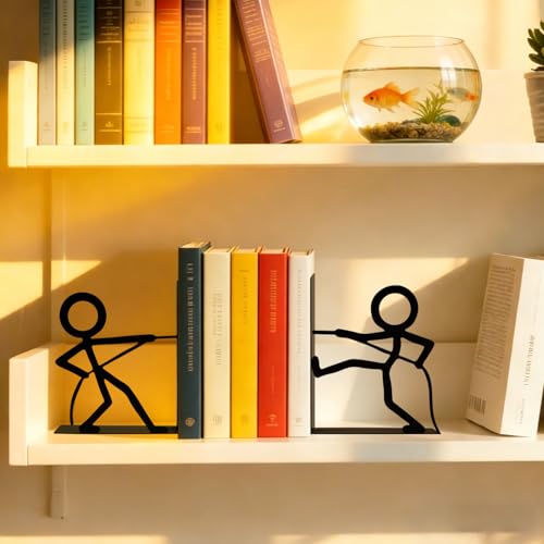 2 Pcs Metal Bookends and Heart Bookmark,Book Ends for Book Shelf,Tug of War - color: Tug War Black