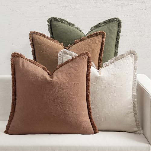 MIULEE Fall Linen Fringe Pillow Covers Set of 4 18x18 Beige/Brown/Green - color: Brown Green, size: 18" x 18" (Pack of 4)