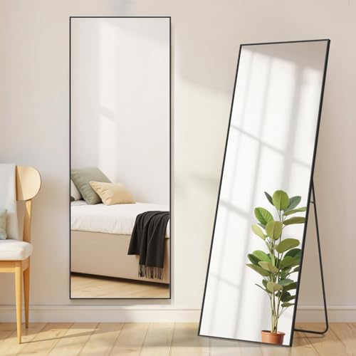 Mirror Full Length, Upgraded 16"x59" Body Wall Mirrors with Shatter-Proof Glass, Floor Standing, Hanging or Leaning, Tall Mirror with Stand Aluminum Alloy Frame for Bedroom Cloakroom - color: Claccic Black-rect, size: 59"L x 16"W