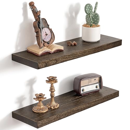 RICHFOCUS 24inch Walnut Floating Shelves for Wall, 8" Deep High End Solid Real Wood Wall Shelves for Bathroom, Rustic Wooden Floating Shelves with Invisible Brackets for Books Storage Decor, Set of 2 - color: Walnut, size: 24inch