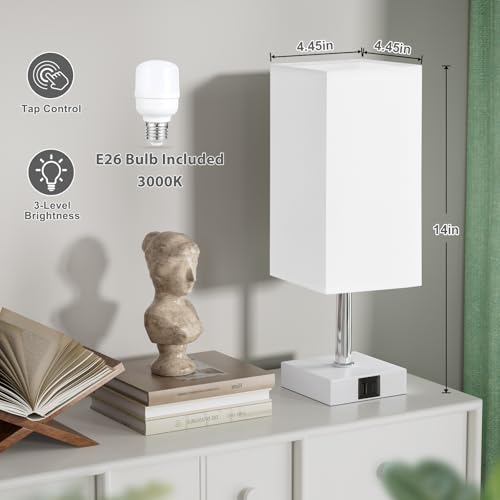 Touch Table Lamp for Bedroom - Dimmable, USB C+A, White Lamphade White Base - color: White & White