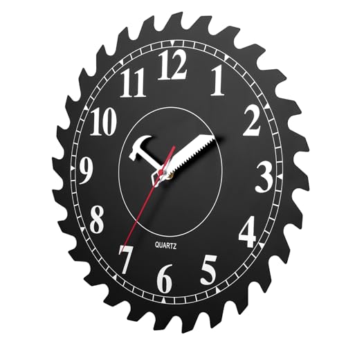 12 Inch Wall Clock with Circular Saw Blade Dial, Handsaw and Hammer Pointer,Great Decor for Home,Workshop and Man Cave (Black) - color: Black