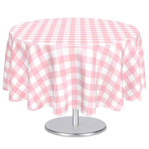Mulbozy 2 Pcs Pink Gingham Round Plastic Tablecloth Disposable, 84 inch - color: Checkered-pink, size: 84" Round