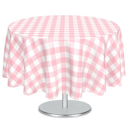 Mulbozy 2 Pcs Pink Gingham Round Plastic Tablecloth Disposable, 84 inch - color: Checkered-pink, size: 84" Round
