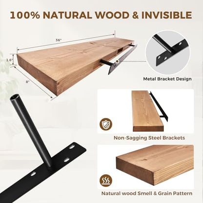 Solid Wood Floating Shelves, 36 Inch Wall Shelves, Set of 2, Oak - color: Oak, size: 36x8x1.6