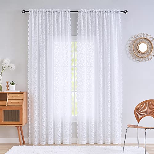 ALIGOGO White Lace Curtains 96 Inches Long, Farmhouse Style 2 Panels - color: White 1, size: 52"W x 96"L (Pack of 2)