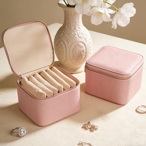 Travel Jewelry Case with 6 Velvet Zipped Pouches Bags, Hot Pink - color: Hot Pink - 6 Pouch