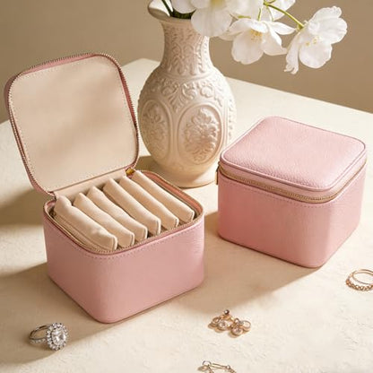 Travel Jewelry Case with 6 Velvet Zipped Pouches Bags, Hot Pink - color: Hot Pink - 6 Pouch