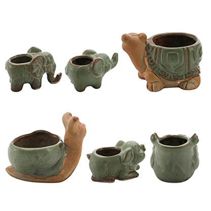 Okllen 6 Pack Mini Animal Ceramic Succulent Planter Set, Cute Elephant, Turtle, Owl, Snail, Succulent Pots with Drainage Hole, Ideal for Bonsai, Indoor, Outdoor