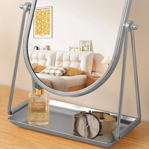 Small Vanity Makeup Mirror Desk Mirror with Storage Tray Silver - color: Oval-silver