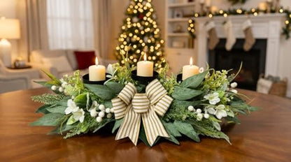 Svndlyn 26 Inch 3 Candle Holder Centerpiece with Greenery and Striped Bow