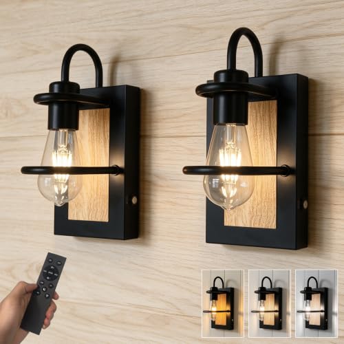 Farmhouse Wall Sconces Battery Operated Set Of 2, Rechargeable Wall Lights - color: Black Light Wood, size: 3 Color