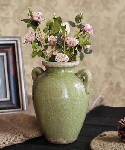8 Inch Vintage Ceramic Vase, Rustic Chinoiserie Flower Vase Farmhouse Decorative Vases for Home Decor, Ice Cracked Glazed Terracotta Vases for Table Centerpiece Living Room Shelf Decor - color: Vase-01