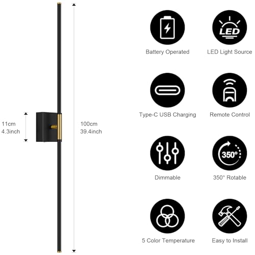 Battery Operated Wall Sconce Set of Two with Remote Control, 3000K-6000K Dimmable Black Gold Wall Lights, Timable LED Wireless Wall Sconces, 350° Ratate for Bathroom, Living Room, 39.4 Inch - color: Black & Gold, size: 39.4in(2 Pack)