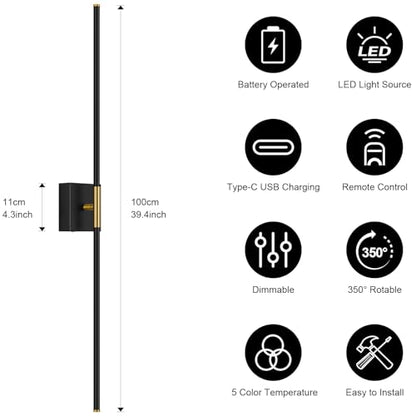 Battery Operated Wall Sconce Set of Two with Remote Control, 3000K-6000K Dimmable Black Gold Wall Lights, Timable LED Wireless Wall Sconces, 350° Ratate for Bathroom, Living Room, 39.4 Inch - color: Black & Gold, size: 39.4in(2 Pack)