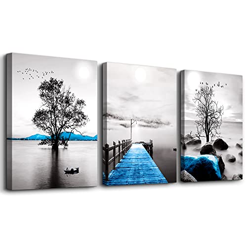 Framed Canvas Wall Art for Living Room, Bedroom, Office - Black and White Ocean Landscape Paintings - Modern Posters and Pictures for Bathroom Home Decor - 3 Piece Set - color: Black And White Landscape Paintings, size: 12x16inches*3pcs