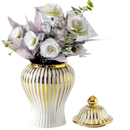 Ginger Jar, Small White Gold Vase for Decor Decor, Modern Handmade Decorative Flower Vase, Ceramic Ginger jar with lid for Kitchen, Bookshelf-Decors(6.8in) - color: White and Gold, size: 6.8 inch