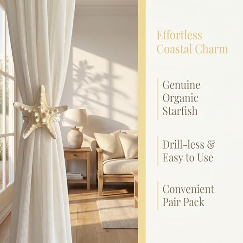 2 Pack Natural Starfish Rope Curtain Tiebacks Holdbacks, Hand Woven Cotton Curtain Ties, Coastal Nautical Decor for Sheer & Outdoor Curtains, Bedroom Bathroom Wedding Drapery Accessories