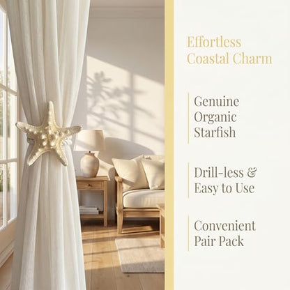 2 Pack Natural Starfish Rope Curtain Tiebacks Holdbacks, Hand Woven Cotton Curtain Ties, Coastal Nautical Decor for Sheer & Outdoor Curtains, Bedroom Bathroom Wedding Drapery Accessories