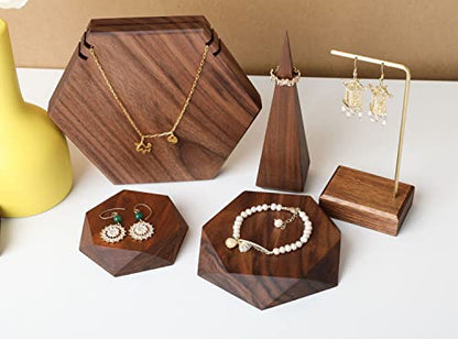 2pcs Wooden Jewelry display tray, Hexagon jewelry display riser, Jewelry retail shop photography props【Walnut Hexagon tray-2pcs】