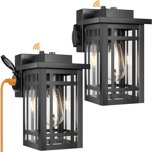 2-Pack Outdoor Porch Lights with Outlet,Dusk to Dawn Motion Modern Outdoor Wall Lights Exterior Lighting Fixtures Waterproof, Black Outside Light for House Patio Garage Hallway - color: Black