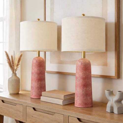 BOBOMOMO 27.25" Modern Table Lamp Set of 2, Red Resin Table Lamps with Stone Look, Lamps for Living Room with Linen Shades, Bedside Lamps for Bedroom Nightstand, Table Lamps for Living Room End Tables - color: Red, size: 27.25"